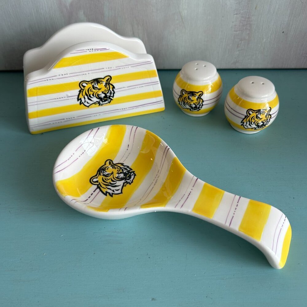 LSU Ceramic Tabletop Trio Y2K Geaux Tigers Tableware Tailgating Salt and Pepper - Picture 11 of 11